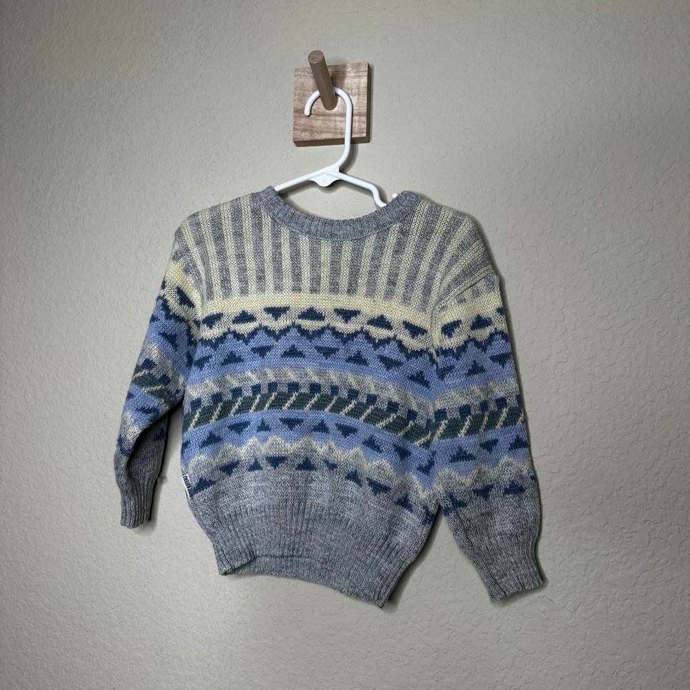 Vintage Petit Bateau Kids Grey Blue Fair‎ Isle Knit Sweater Made in France 4T